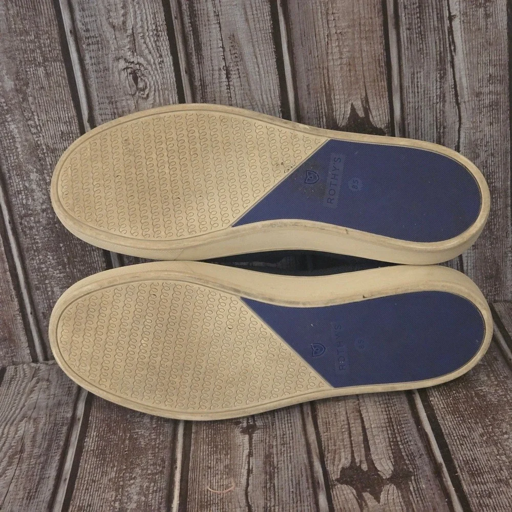 Sz 8.5 Womens Rothys The Sneaker Navy Black‎ Stripe Slip On Flats Shoes VGUC!